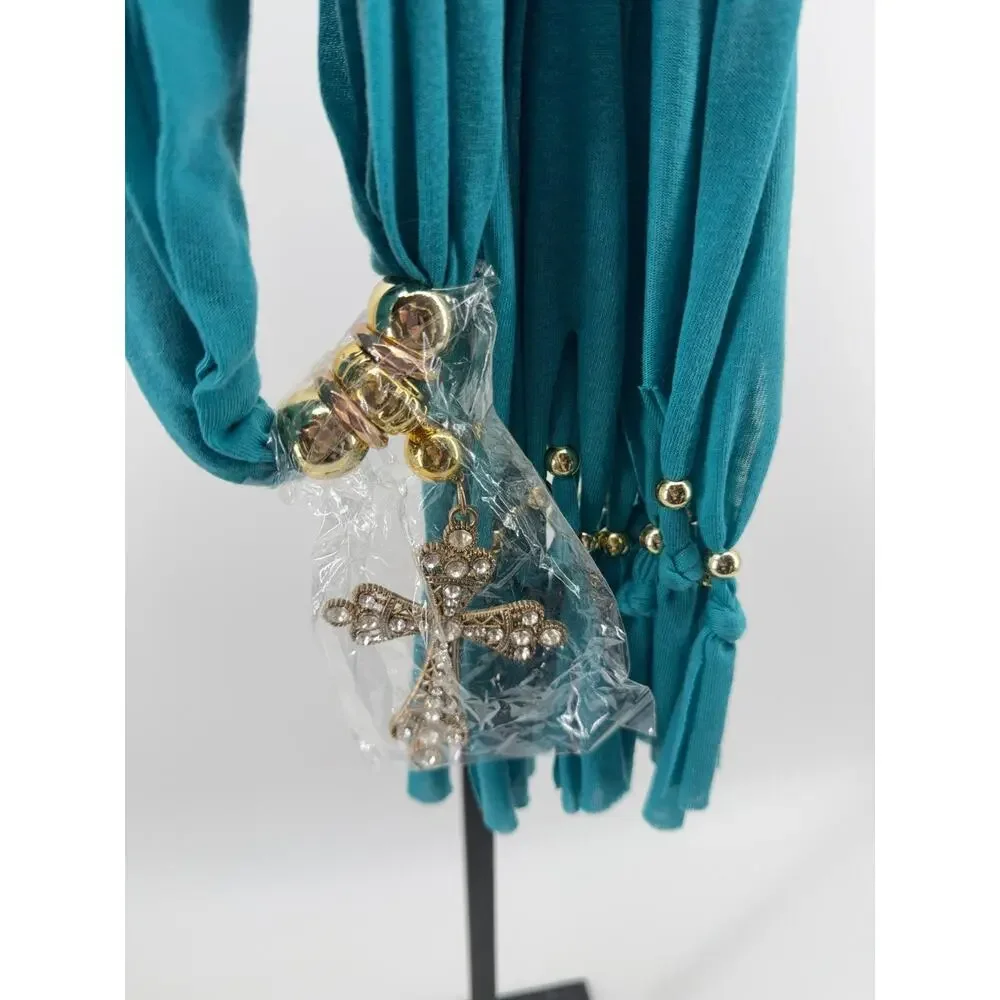 Teal Jewelry Scarf Rhinestone Cross Charm Tassel Necklace Scarf Statement OS